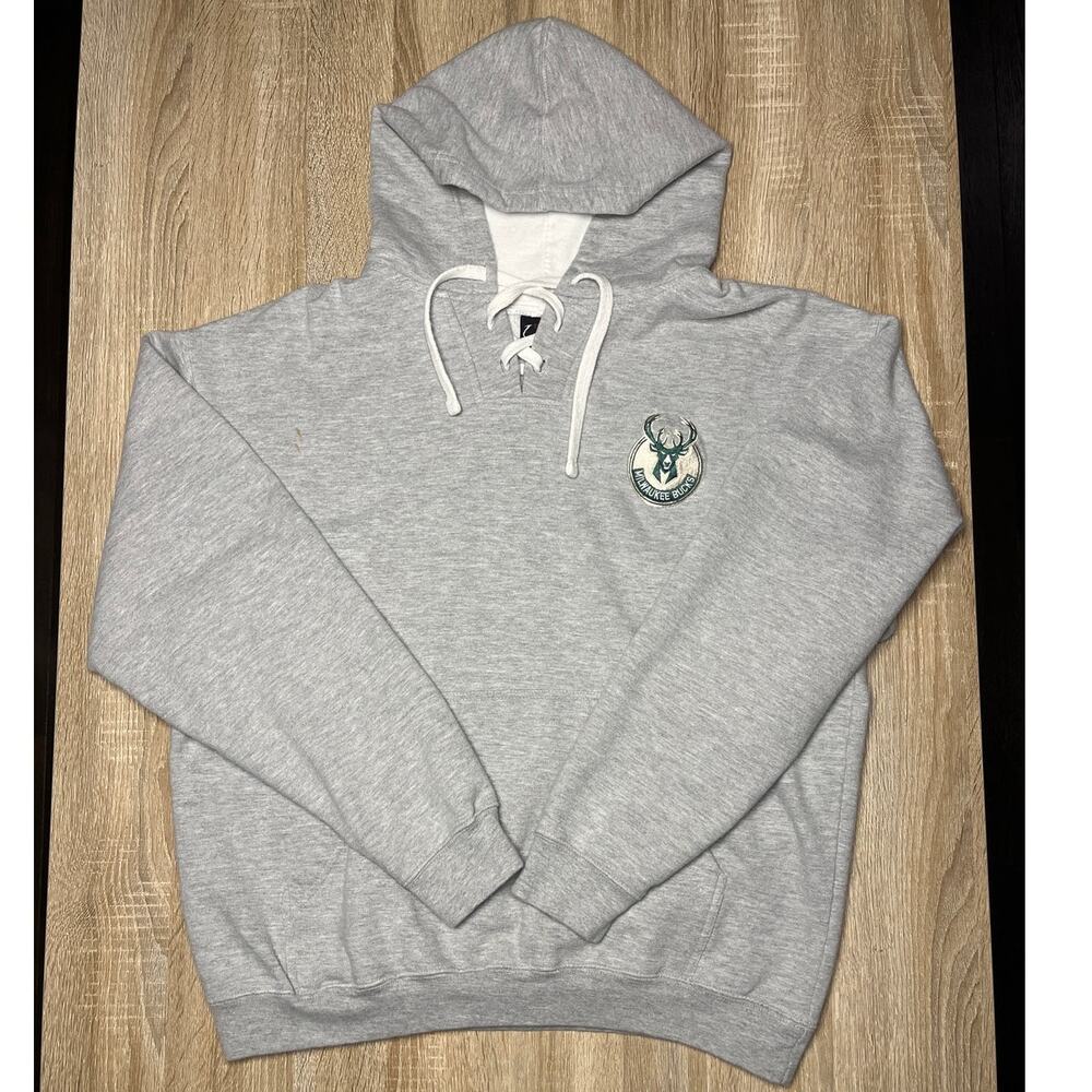 Milwaukee Bucks Grey Logo Mens Drawstring Hoodie Large